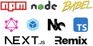 Eine Collage aus Logos von unterschiedlichen Technologien und Tools zu react.js, wie npm, node, babel, graphql, webpack, nx, typescript, next.js, remix